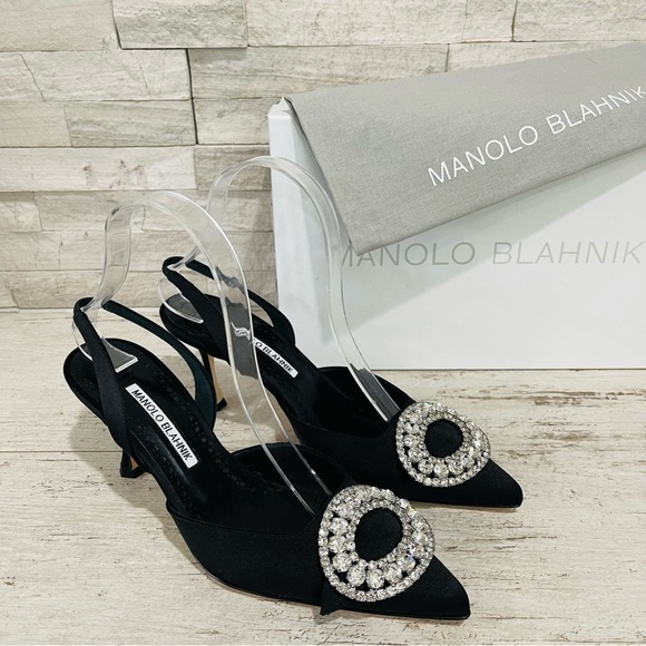 Manolo Blahnik Fiboslac Black Satin Swarovski Crystal Slingback 70MM Pumps SZ 37 - Picture 1 of 14